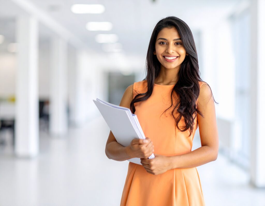 firefly cute indian with long hair girl stands in office with papers in formal dress color is 690603